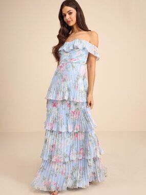 Lulus Always Remarkable Light Blue Floral Off-the-shoulder Maxi Dress - Size M